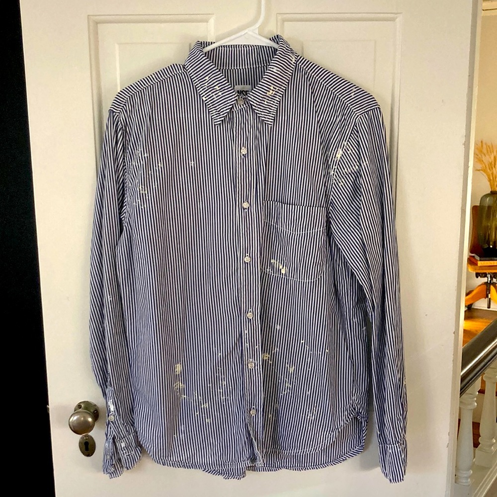 NSF blue&white striped cotton poplin button front shirt w paint splatter detail